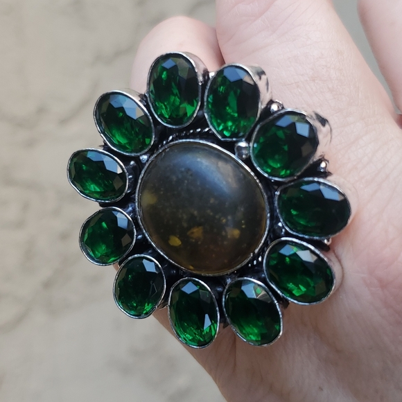 New Stunning Amber & Diopside 925 Silver Statement Ring. - Picture 8 of 15
